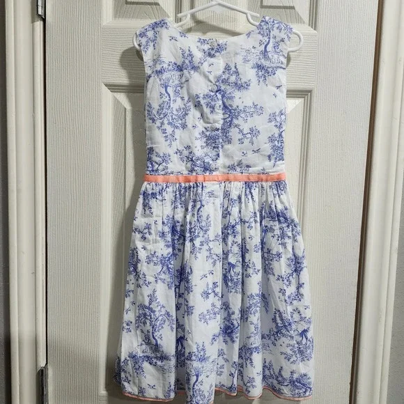 Carter's Girls 6X Blue Toile Print Dress Coral Ribbon Bow Sleeveless Cotton - Picture 6 of 9